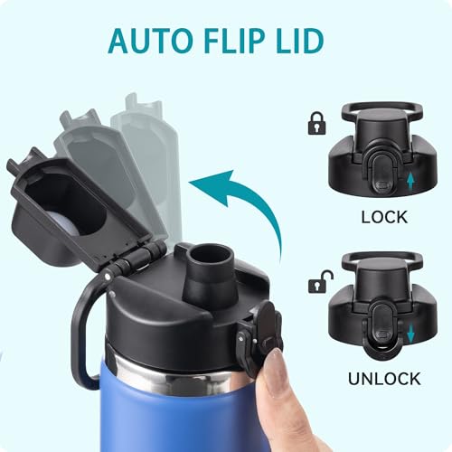 Image of Auto Flip Spout Lid Replacement for Hydro Flask Wide Mouth 12 /18 /24 /32 /40oz | Button Lock Water Bottle Lid with Carry Handle, BPA Free Wide Mouth Cap Compatible with Iron Flask, Bubba, Simple Modern