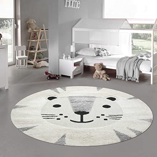 Teppich-Traum Kinderzimmer Teppich Baby Spielteppich 3D Optik High Low Effekt Katzenmotiv Creme grau weiß, 200 cm rund