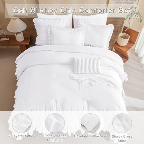 Image of QSH Bright White Shabby Boho Chic Ruffled Comforter King Size,3PCs Farmhouse French Country Ruffle King Bed Comforter Vintage Rustic Bedding Comforter Set Ultra Soft Lightweight Microfiber Fluffy Bed