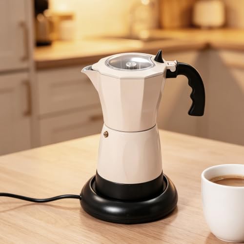 TflkQima Cafetera eléctrica de 480 W, 2,5 bar, 300 ml, color blanco crema para 1-6 personas, base de 360°, fácil limpieza, sin BPA