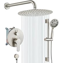 gotonovo Slide Bar Shower System Round High Pressure Showerhead and 6-Spray Handheld Combo Shower Faucets Sets Complete Wall Mount Shower Valve and Trim Kit, 12 Inch, Brushed Nickel