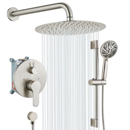 gotonovo Slide Bar Shower System Round High Pressure Showerhead and 6-Spray Handheld Combo Shower Faucets Sets Complete Wall Mount Shower Valve and Trim Kit, 12 Inch, Brushed Nickel by gotonovo - Used condition - US$80.00