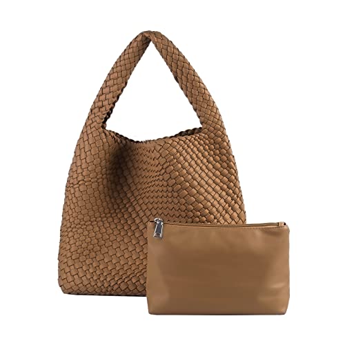 Image of Woven Tote Bag for Women with Purse, Vegan Leather Hobo Bags Large Handmade Underarm Shoulder Bag