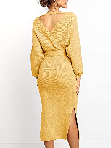 Image of Chang Yun Women's Long Maxi Sweater Dresses Sexy Wrap Batwing V Neck Slit Open Back Holiday Bodycon Dress with Belt