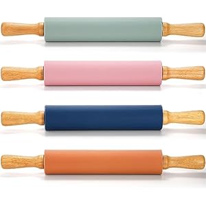 Yopay 4 Pack Silicone Rolling Pin for Baking, Non Stick Large 17 Inch Roller with Wood Handle for Tortillas Dough, Pizza, Pie, Pastries, Pasta, Cookies, Good Grips, Easy to Wash
