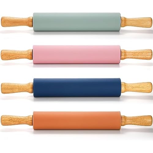 Yopay 4 Pack Silicone Rolling Pin for Baking, Non Stick Large 17 Inch Roller with Wood Handle for Tortillas Dough, Pizza, Pie, Pastries, Pasta, Cookies, Good Grips, Easy to Wash