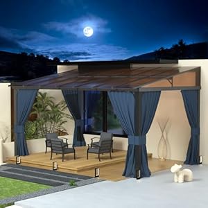 10 x 14 gazebohard top lean to gazebo wall mount heavy hardtop gazebo outdoor pergola with curtains and netting for patio garden lawn backyard deck navy  urban country home decor