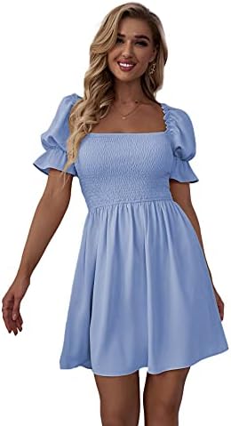 WDIRARA Women's Square Neck Flounce Short Sleeve Shirred Ruffle Hem Dress Blue S