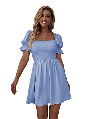 Image of WDIRARA Women's Square Neck Flounce Short Sleeve Shirred Ruffle Hem Dress