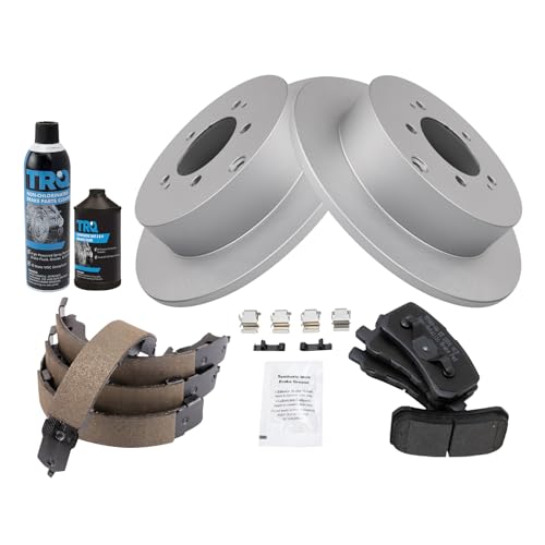 Image of TRQ Rear Brake Pad & Rotor Kit, with Chemical Kit Parking Brake Shoe Set Semi-Metallic Premium G-Coated Compatible with 2008-2011 Mitsubishi Outlander