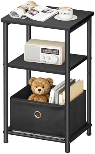 KIMBORA 3 Tier Small Side Table with Storage Basket, Living Room End Tables for Small Space, Bedside Nightstand for Bedroom, Sofa Couch, Classic Black