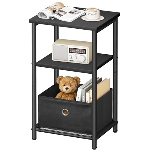 KIMBORA 3 Tier Small Side Table with Storage Basket, Living Room End Tables for Small Space, Bedside Nightstand for Bedroom, Sofa Couch, Classic Black