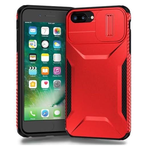 Yerebel Coque pour iPhone 7 Plus/iPhone 8 Plus/iPhone 6 Plus/6S Plus avec Couvercle de caméra Coulissant, Protection Robuste Antichoc de qualité Militaire, antidérapant, Étui pour iPhone 8 Plus Rouge
