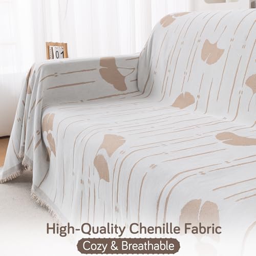 Image of HOKIPO 320 GSM Chenille Sofa Throw Blanket for 3 Seater Sofa - Printed All-Season Sofa Cover, 'Serene Abode Series' Beige Ginkgo Lines (180x310 cm) (AR-6633-D2)