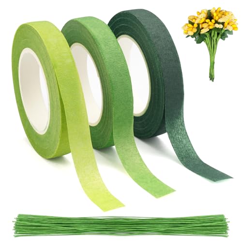 3 Rollo Cinta Verde Floral, 30M x 12mm - Cinta De Tallo Floral con 100 Alambres Floristas, para Ramo y Envoltura De Flores