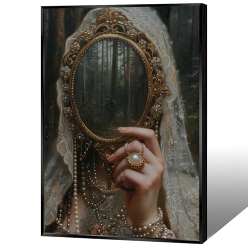 Unframed Classical Victorian Canvas Posters Retro Woman Mirror Wall Art Dark Moody Gothic Lace Pearls Witch Mirrored Reverie Prints Painting For Living Room Bedroom Wall Decor 8x12in