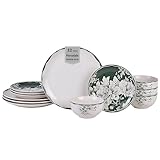 222 Fifth 12-Piece Porcelain Dinnerware Set for 4, White & Sage Green Plates and Bowls Set, Glossy Ceramic Dish Set with Detailed Floral Design, Microwave & Dishwasher Safe Dishes for Dining, Brittany