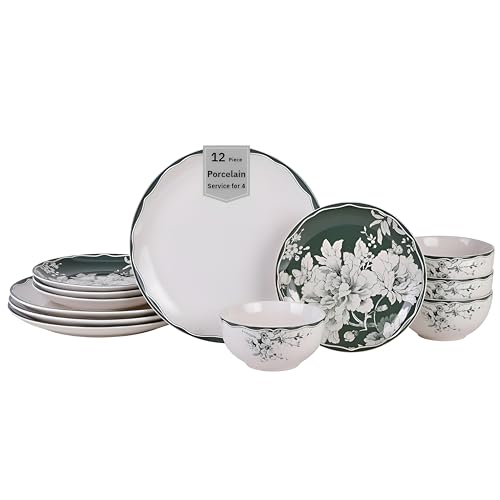 222 Fifth 12-Piece Porcelain Dinnerware Set for 4, White & Sage Green Plates and Bowls Set, Glossy Ceramic Dish Set with Detailed Floral Design, Microwave & Dishwasher Safe Dishes for Dining, Brittany