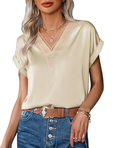 Zeagoo Bluse Damen Kurzarm V-Ausschnitt Oberteile Elegant Sommer Top Leicht und Luftig Satinbluse Beige L