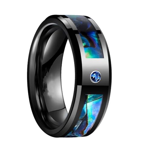 YAHOYA 8mm Hommes Abalone Shell et Zircone cubique Bleue Incrustation Anneaux de tungstène Bandes de Mariage Noir Bord biseauté
