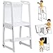 4-in-1 Learning Tower for Toddlers and Kids 1-6 Years, Kitchen Helper Stool with Chalkboard, Desk Table, and Chair All in One, White