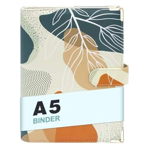 A5 Refillable 6 Ring Faux Leather Budget Binder,Mini Notebook Binder Cover for A5 Filler Paper,Loose Leaf Personal Planner Binder Cover with Magnetic Buckle Closure(White Leaves) Cover