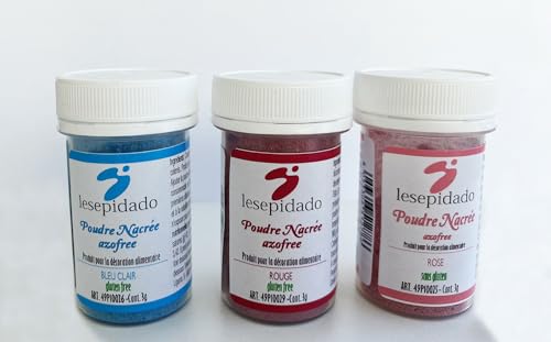 Colorant Alimentaire Poudre Nacré 3g Kit 3 couleurs: Rose, Rouge, Bleu ciel. Idéal pour les pâtes transparentes: gelées ou glaçages et pour décorer la pâte à sucre, biscuits, gâteaux, desserts glacés.