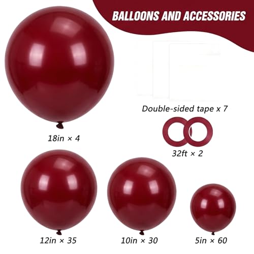 Image of RUBFAC Burgundy Balloons 129pcs Different Sizes Pack of 18 12 10 5 Inch, Latex Maroon Dark Ruby Red Balloon Garland Arch Kit for Wedding Anniversary Birthday Party Decorations