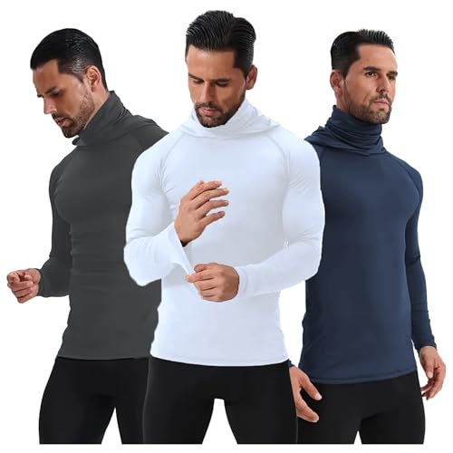 Men's Athletic Hooded T Shirts Compression Running Gym Workout Long Sleeve Active Quick-Dry UPF Tops with Built-in Face Cover
