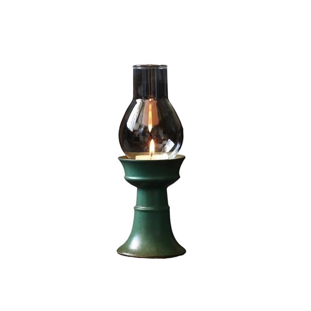 Candlestick Holder Ceramic Candle Holder With Glass Lampshade Retro Home Aromatherapy Decorative Ornaments(Green)
