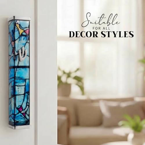 Image of SURI Mezuzah with Scroll for Door | 6 Inch Modern Aluminum Mezuzah Case | Fits 5 Inch Scroll | Gold & Silver Chagall-Inspired Design | Self Adhesive Easy Install | Judaica Jewish Gift