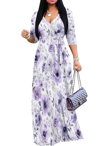 Image of Plus Size Maxi Dress for Women V Neck 3 /4 Sleeve Wrap Dress