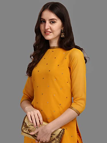 Image of Hritika Women Yellow Solid Seqiun Embroidered Faux Georgette Readymade Salwar Suit Set [S Size] (HRKB0070YELW S)