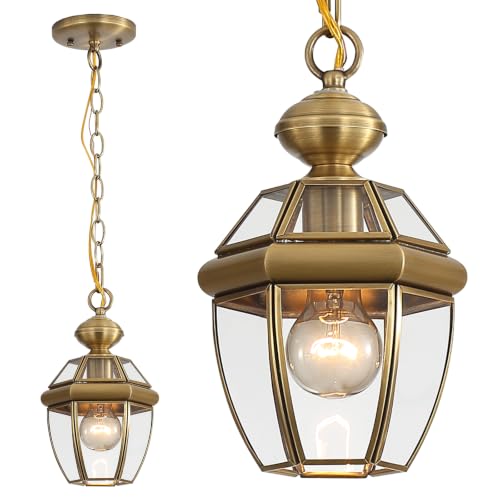 SOEPKENP Solid Brass Outdoor Pendant Light, Antique Brass