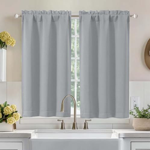 Image of Aiyufeng Silver Grey Short Blackout Curtains for Bedroom 45 Inches Long 2 Panels, Solid Thermal Insulated, Energy Saving Window Treatment Curtains Blackout Drapes, W40 x L45 Inch, Silver Grey