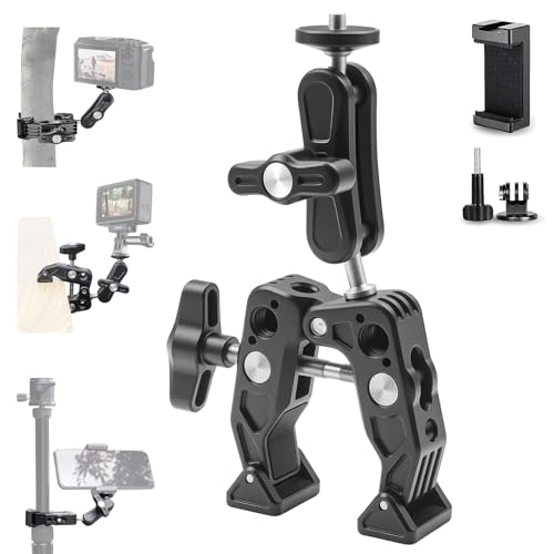 Super Clamp 360° Rot.Action Camera Mount with 1/4 screw,Magic Arm Cold Shoe,Phone Holder,Desk Tripod Tube Crossbar Gimbal Rods,fits Go Pro Hero 13 DJI Osmo 5/4 Akaso on UTV ATV Motorcycle Bike
