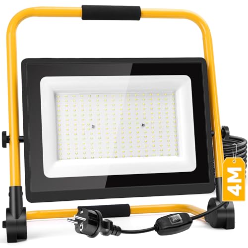 Aigostar Faretto LED da Cantiere 200W con Interruttore Impermeabile，18000 Lumen，4 Metri di Filo，Farò LED da Cantiere con Spina，Luce Bianca 6500K，Portatile，Ideale per cantiere edile， officina