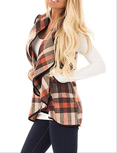 Yacun Women Vest Lapel Open Front Buffalo Plaid Sleeveless Cardigan Jacket Outerwear Vests With Pockets Coffee S #TOP1