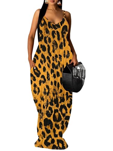 Image of Women's Summer Maxi Dress Spaghetti Strap Floral Boho Beach Long Sundress with Pockets