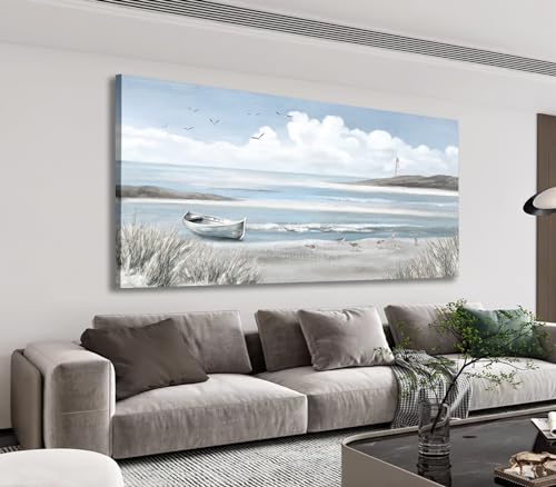 Sea Beach Canvas Wall Art - Abstract Ocean Canvas Pictures Coastal Seagulls Birds Canvas Prints Living Room Decor Blue Teal Seascape Painting Artwork for Bedroom Home Office Kitchen Decor 20" x 40"