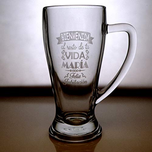 Arte-Deco Jarra DE Cerveza Baviera GRABADA Y Personalizada con DISEÑO Bienvenido/A, Jarra de Cerveza de 510 Ml, Regalo Original y Divertido para jubilación