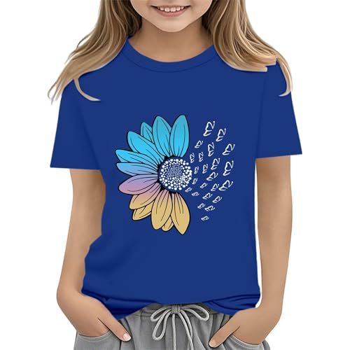 Girls Floral T Shirts Short Sleeve Crewneck Cute Loose Fit Athletic Summer Tee Tops Teenager School (Blue, 10-11Years)