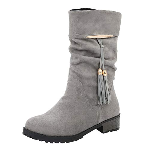 Tefamore Botas Mujer Invierno Tacon Botas Altas Botines Zapatos con Aumento de Borla Round Toe Flat Tube Boots Botas de Nieve Zapatos Planos Cover