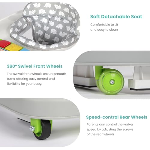 Hadibio Baby Walker, 2 in 1 Foldable Height Adjustable Walker with Music and Lights, Converts to Baby Push Along Walker and Kids Feeding Seat with Removable Play Tray, Suitable for 6 Months+, Grey - Image 6