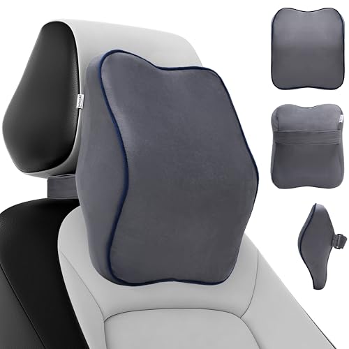 Image of Premium Car Neck Rest Pillow with 3-Year Warranty | Ergonomic Memory Foam Neck Pillow for Car | Exquisite Neck Rest with Elegant Packaging | Grey with Blue Piping (Pack of 1)
