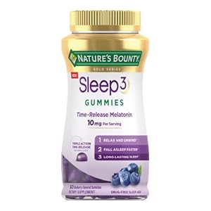 Nature’s Bounty Sleep3 Gummies, Triple Action Time-Release Sleep Aid, Melatonin 10mg, Blueberry Flavor, 60 Gummies