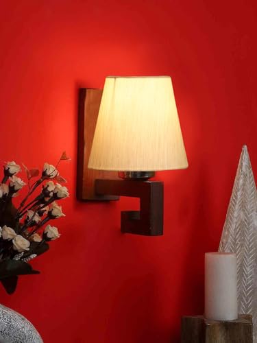 Image of Wall Lamp with Wood Base (H- 10.9 Inch, Off-white) Modern Wall Sconce for Bedroom /Living Room, Study Room, Home Office Decor | Decorative Indoor Lighting, Warm Ambient Night Lamp, Barrel Shape