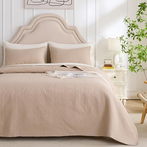 Queen Size Quilt Set Beige Quilt, Reversible Fall Bedspread Cover...