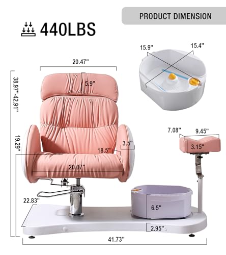 OKAKOPA Pedicure Foot Spa, Hydraulic Pedicure Chair for Nail Tech No Plumbing, 360 Swivel Reclining Pedicure Unit Station w/Bowl and Footrest, Pink - Thumbnail 2