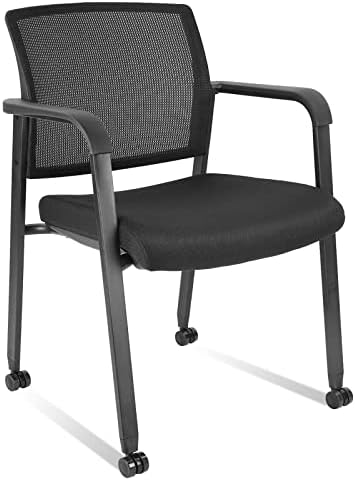 CLATINA Mesh Back Guest Reception Arm Chairs with Wheels, Waiting Room Chairs with Upholstered Fabric Seat and Ergonomic Lumbar Support for Office Conference School Church Black